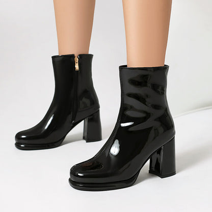 Women's Glossy Chunky Heel Platform Short Boots