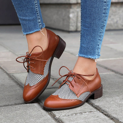 Women's Lace Up Color Blocking Brogues Low Heel Derby Shoes