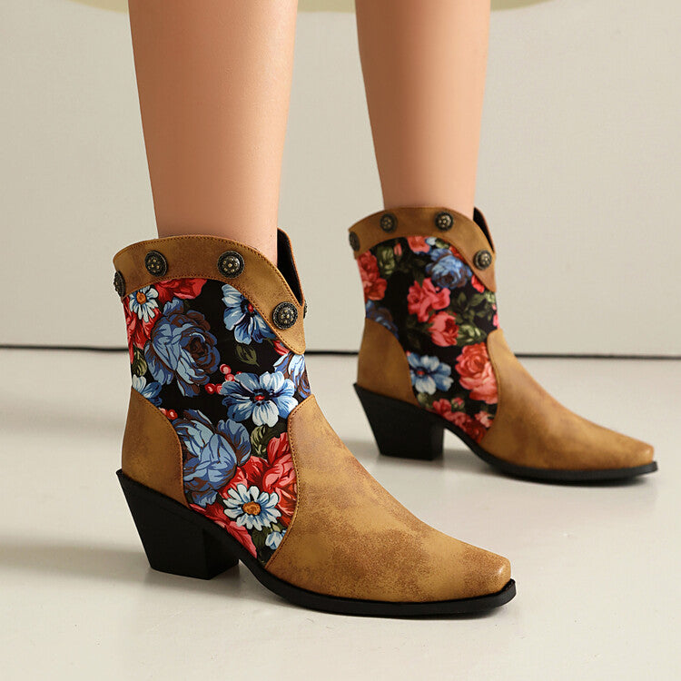 Women's Flowers Pattern Pointed Toe Block Heel Western Boots