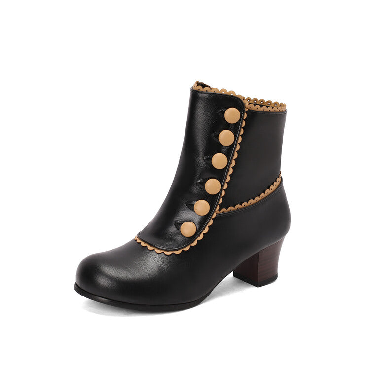 Women's Patchwork Rivets Round Toe Block Heel Ankle Boots