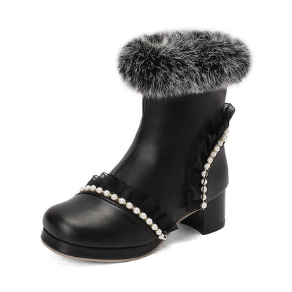 Women's Beads Round Toe Block Heel Platform Short Boots