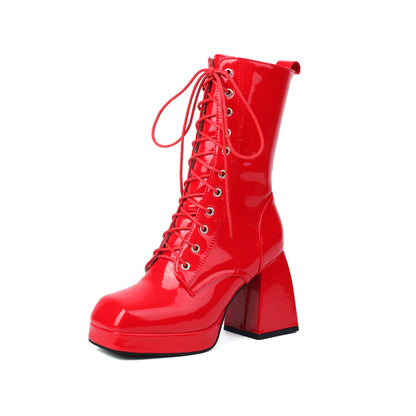 Women's Glossy Lace-Up Square Toe Block Heel Platform Short Boots