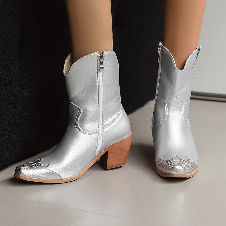 Women's Glossy Sequins Square Toe Block Heel Short Western Boots