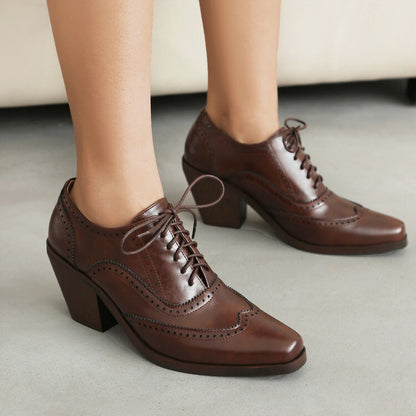 Women's Pointed Toe Lace Up Block Heel Oxfords Shoes