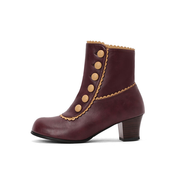 Women's Patchwork Rivets Round Toe Block Heel Ankle Boots