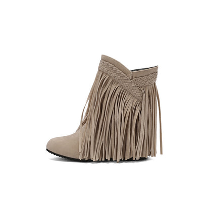 Women's Tassel Round Toe Wedge Heel Short Boots