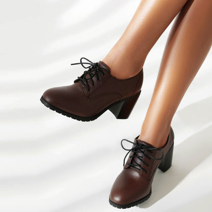 Women's Round Toe Square High Heel Lace Up Derby Shoes