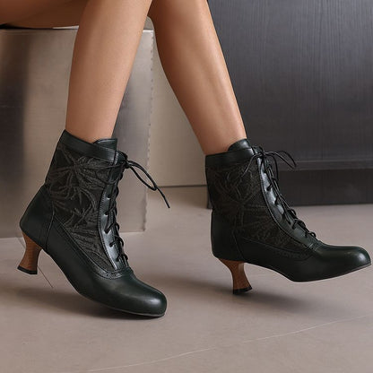 Women's Embroider Lace-Up Round Toe Hoof Heel Ankle Boots