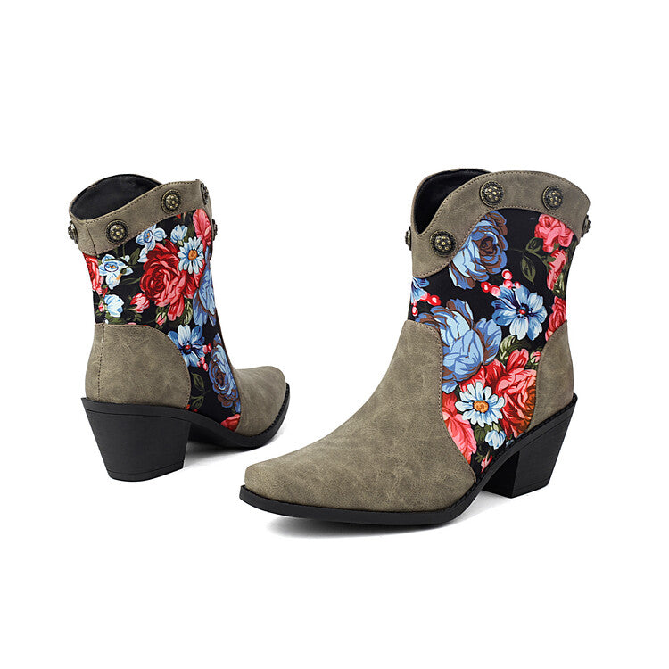 Women's Flowers Pattern Pointed Toe Block Heel Western Boots