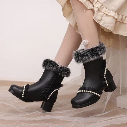 Women's Beads Round Toe Block Heel Platform Short Boots