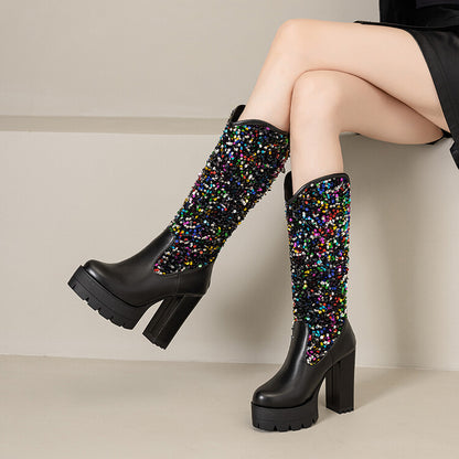 Women's Plush Dots Sequins Platform High Heel Mid Calf Boots