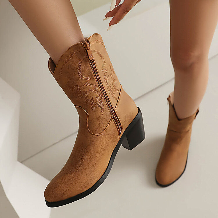 Women's Embroider Round Toe Block Heel Western Boots