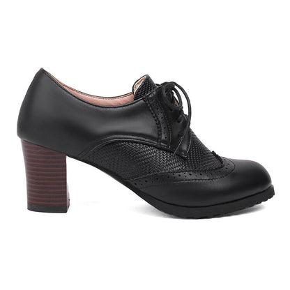 Women's Lace-Up Round Toe Block Heel Brogue Shoes