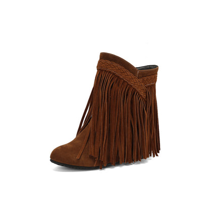 Women's Tassel Round Toe Wedge Heel Short Boots