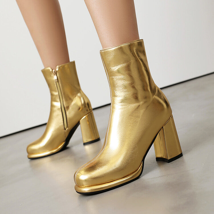 Women's Glossy Chunky Heel Platform Short Boots