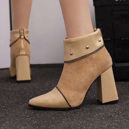 Women's Glossy Rivets Pointed Toe Block Heel Ankle Boots