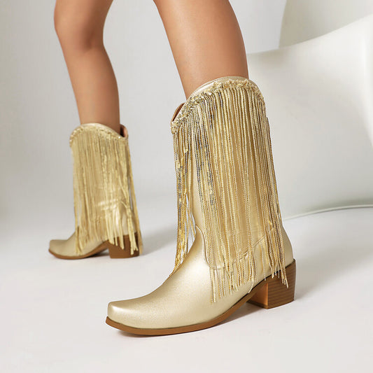 Women's Glossy Tassel Block Heel Mid Calf Boots