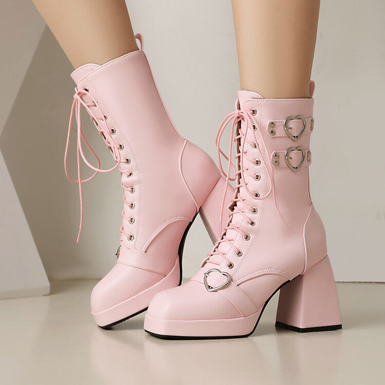 Women's Love Heart Buckle Square Toe Block Heel Platform Short Boots