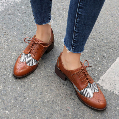 Women's Lace Up Color Matching Brogues Low Heel Derby Shoes