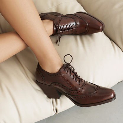 Women's Pointed Toe Lace Up Block Heel Oxfords Shoes