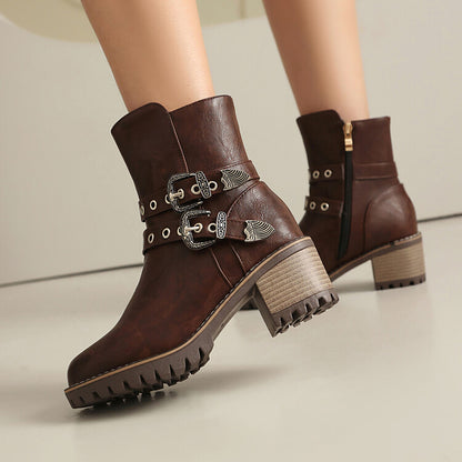 Women's Metal Decor Round Toe Square Heel Platform Short Boots