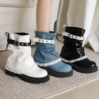 Women's Lace Buckle Strap Flats Short Boots