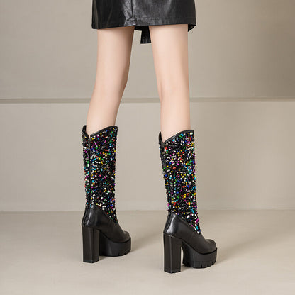 Women's Plush Dots Sequins Platform High Heel Mid Calf Boots