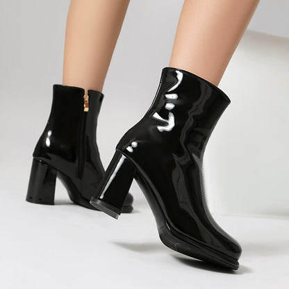 Women's Glossy Chunky Heel Platform Short Boots