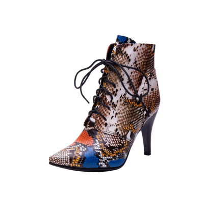 Women's Snake Pattern Lace-Up Spike Heel Ankle Boots