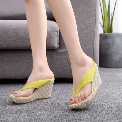 Women Sandbeach Wedge Heel Platform Flip Flops Slides