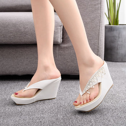 Women Beads Tassel Wedge Heel Sandbeach Flip Flops Slides