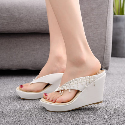 Women Beads Tassel Wedge Heel Sandbeach Flip Flops Slides