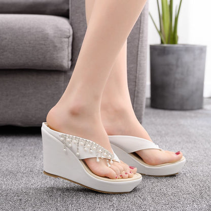 Women Beads Tassel Wedge Heel Sandbeach Flip Flops Slides