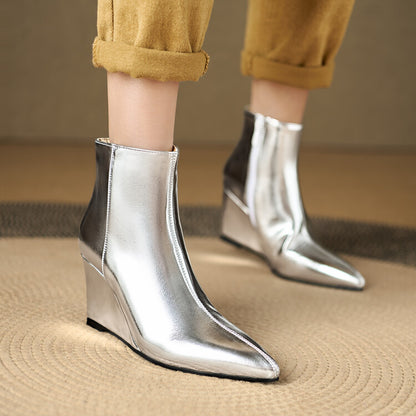 Women's Glossy Bling Pointed Toe Wedge Heel Short Boots