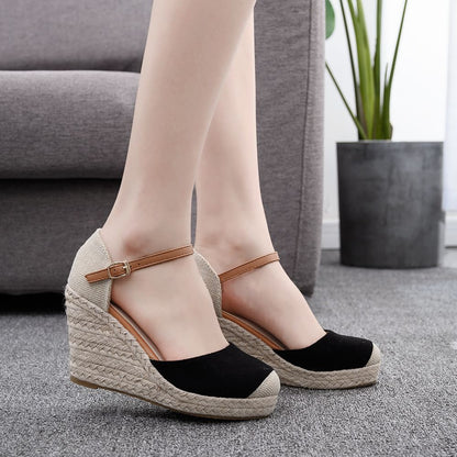 Women Bicolor Woven Wedge Heel Platform Sandals