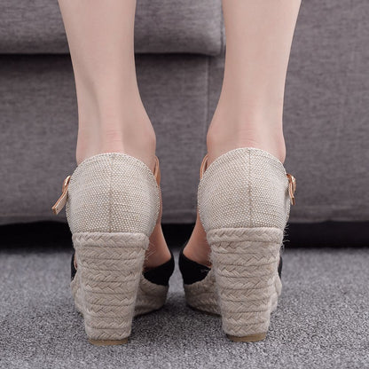 Women Bicolor Woven Wedge Heel Platform Sandals