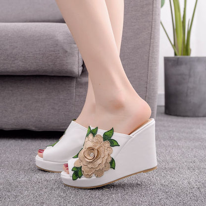 Women Embroidery Flora Peep Toe Wedge Heel Platform Slides