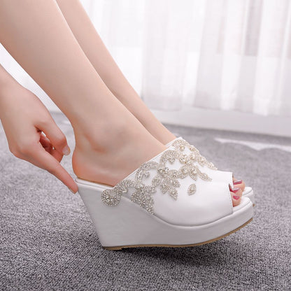 Women Rhinestone Peep Toe Wedge Heel Plus Size Platform Slides