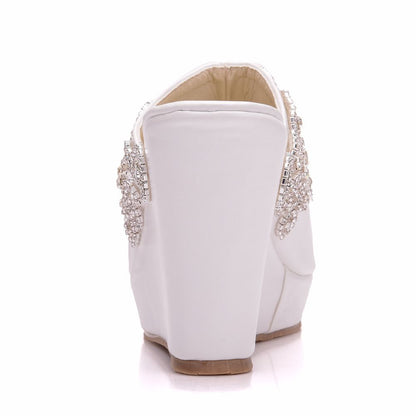 Women Rhinestone Peep Toe Wedge Heel Plus Size Platform Slides