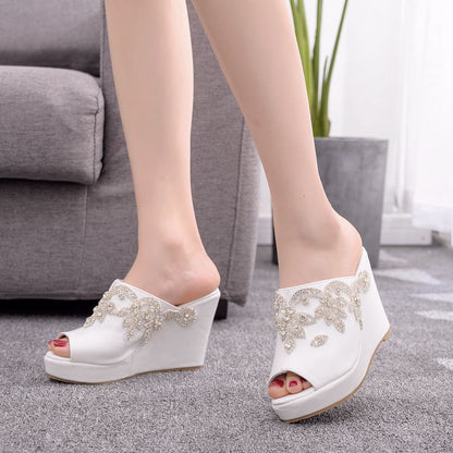 Women Rhinestone Peep Toe Wedge Heel Plus Size Platform Slides