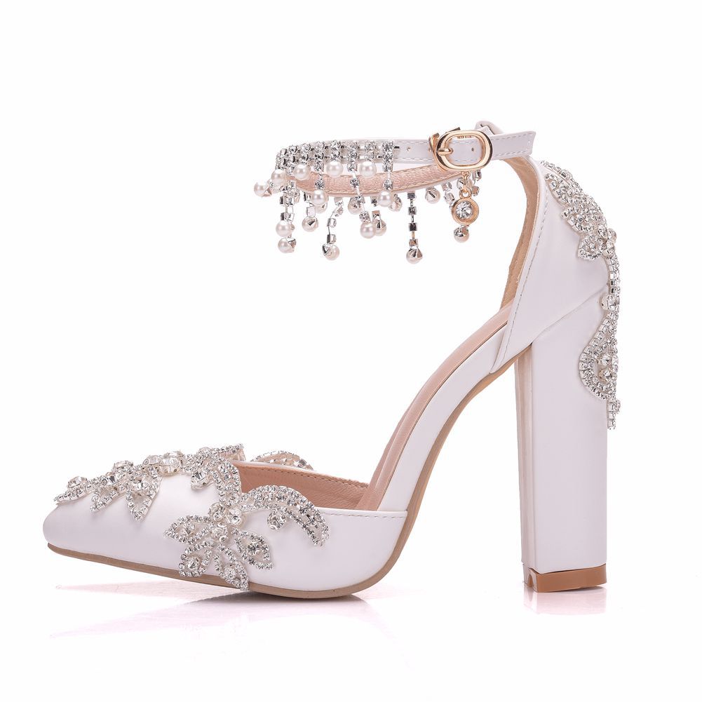 Women Pointed Toe Crystal Block Heel Ankle Strap Tassel Rhinestone Wedding Sandals