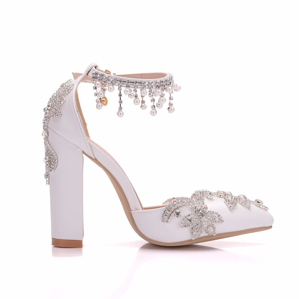 Women Pointed Toe Crystal Block Heel Ankle Strap Tassel Rhinestone Wedding Sandals