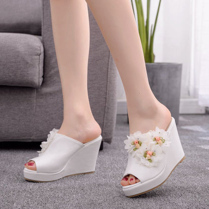 Women Flower Peep Toe Wedge Heel Platform Slides