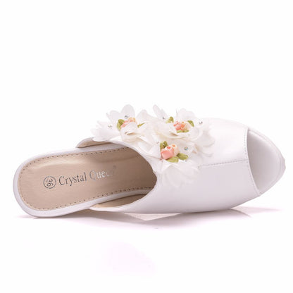 Women Flower Peep Toe Wedge Heel Platform Slides