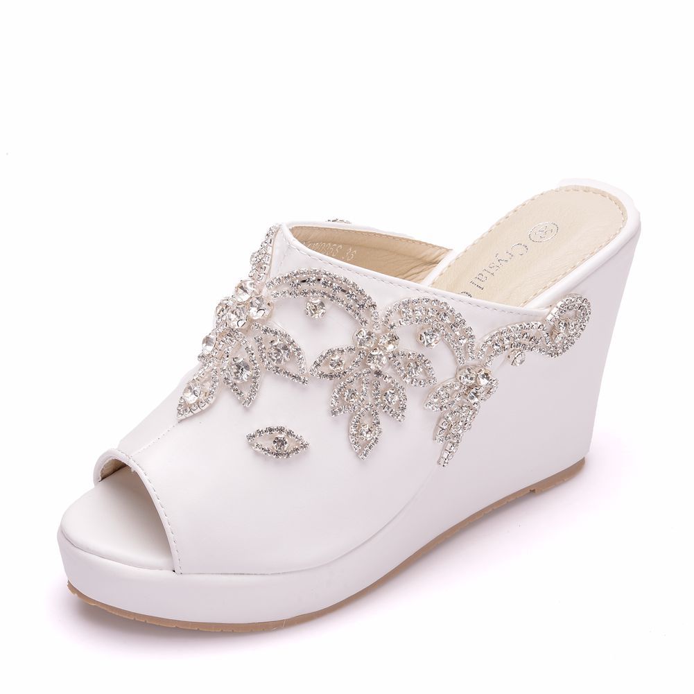 Women Rhinestone Peep Toe Wedge Heel Plus Size Platform Slides