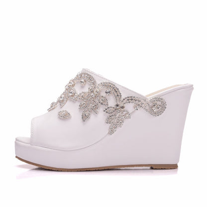 Women Rhinestone Peep Toe Wedge Heel Plus Size Platform Slides