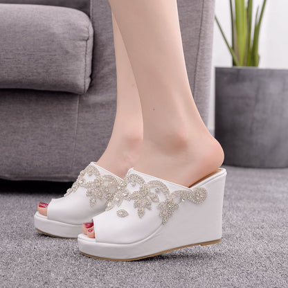 Women Rhinestone Peep Toe Wedge Heel Plus Size Platform Slides