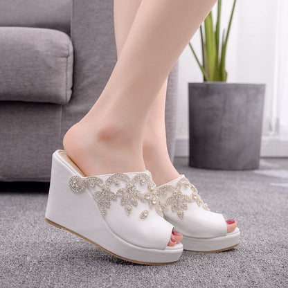 Women Rhinestone Peep Toe Wedge Heel Plus Size Platform Slides