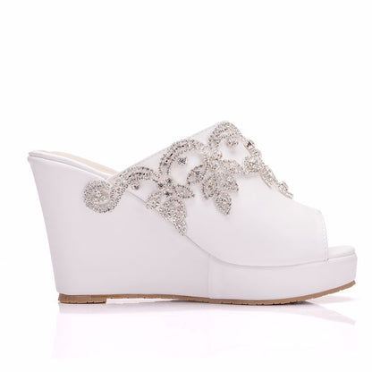 Women Rhinestone Peep Toe Wedge Heel Plus Size Platform Slides