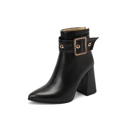 Women's Buckle Strap Pointed Toe Square Heel Ankle Boots